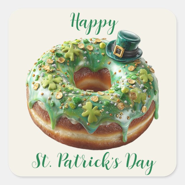 Adesivo Quadrado Happy St. Patrick’s Day Donut with Leprechaun Hat (Frente)