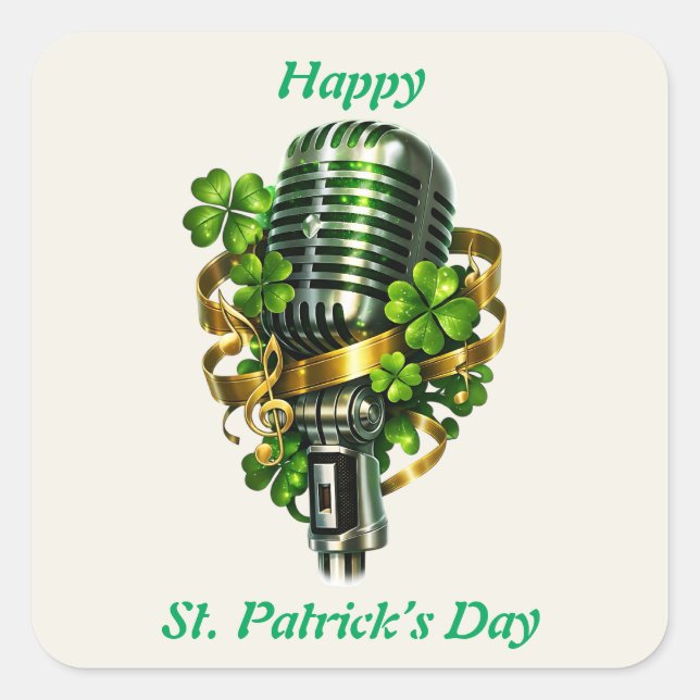 Adesivo Quadrado Happy St. Patrick’s Day Shamrock & Microphone (Frente)