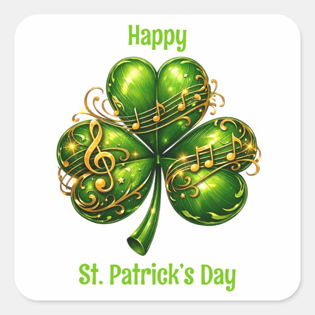 Adesivo Quadrado Happy St. Patrick’s Day Shamrock Music (Frente)