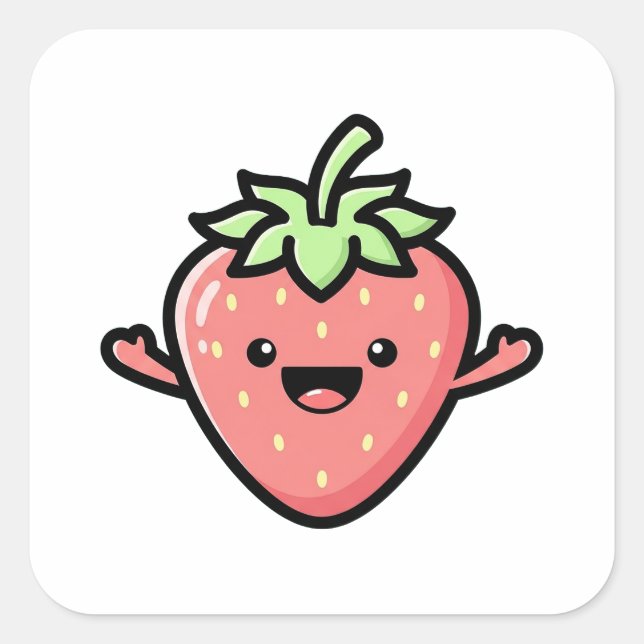 Adesivo Quadrado Happy Strawberry – Cute Kawaii Illustration (Frente)