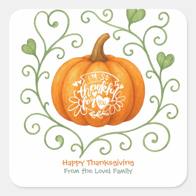 Adesivo Quadrado Happy Thanksgiving Thankful Scroll Pumpkin  (Frente)