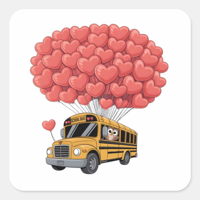 Adesivo Quadrado Happy Valentine's Day Bus with Owl (Frente)