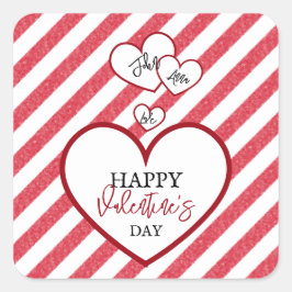 Adesivo Quadrado Happy Valentine's Day Red Hearts Chalk Stripes