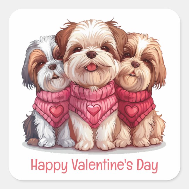 Adesivo Quadrado Happy Valentines Day Shih Tzu Dogs (Frente)