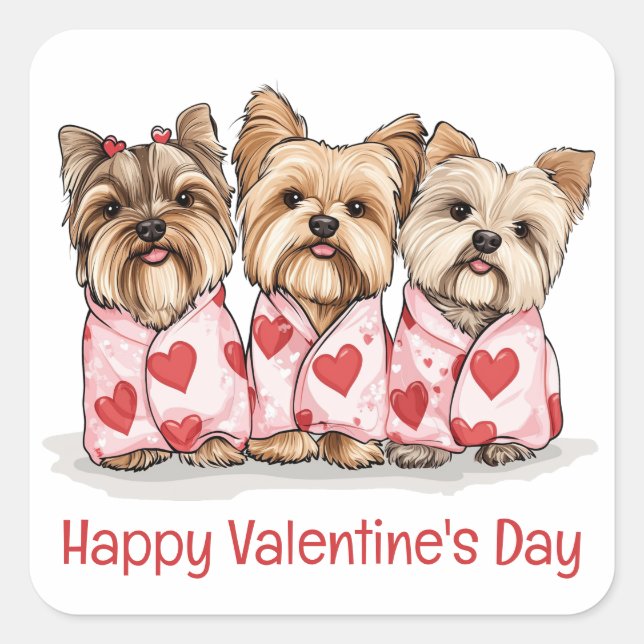 Adesivo Quadrado Happy Valentines Day Yorkshire Terrier Dogs (Frente)
