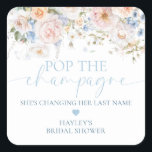 Adesivo Quadrado Hargrove Azul Floral Estoure o Champanhe Chuveiro<br><div class="desc">Esses estouram o champanhe, ela está mudando de sobrenome, adesivo de favor de chuveiro de noiva apresenta um design floral em azul poeirado. O título da escrita é uma imagem que não pode ser editada. Todo o outro texto é totalmente editável. Para personalização mais avançada deste design, basta selecionar o...</div>