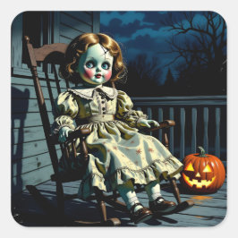 Adesivo Quadrado Haunted Doll and Halloween Pumpkin