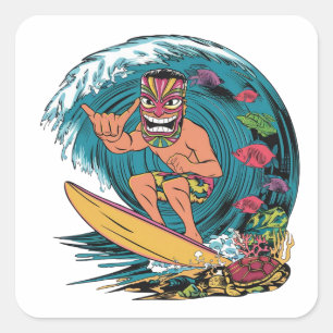 Adesivo Quadrado Havaí surfando vintage crachá colorido com homem e