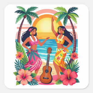 Adesivo Quadrado Havaiano Hula Pôr do Sol Praia Dança Tropical Arte