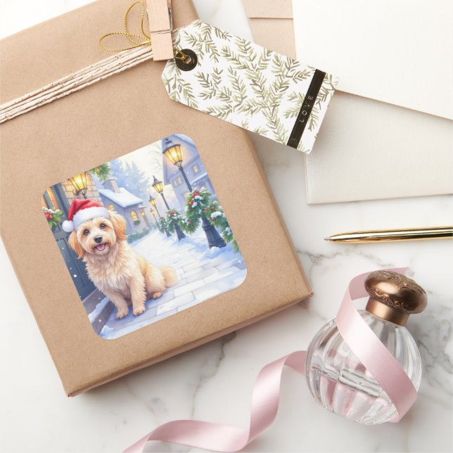 Adesivo Quadrado Havanese Snowy Village Walk Santa Hat Christmas (Presentear)