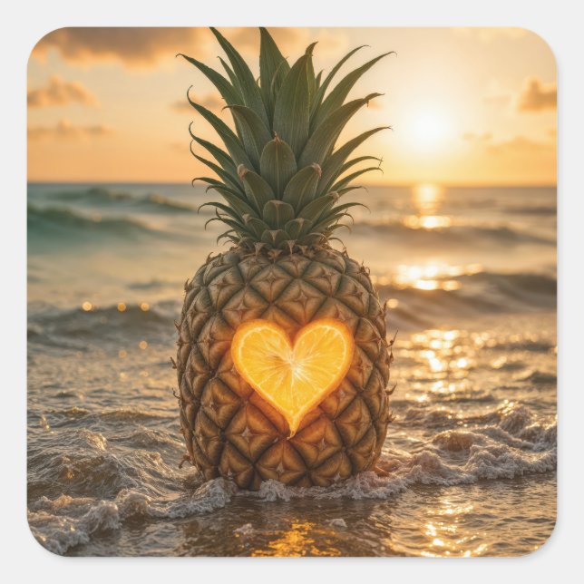 Adesivo Quadrado Heart Carved Into a Pineapple On a Beach (Frente)