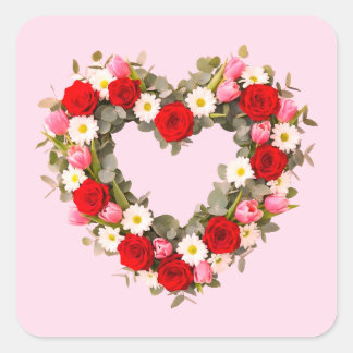 Adesivo Quadrado Heart Shaped Floral Wreath Roses Daisies Tulips