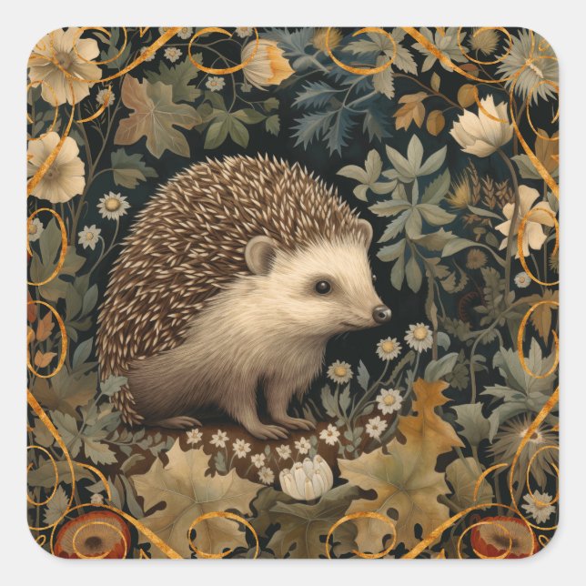 Adesivo Quadrado Hedgehog no estilo Forest William Morris (Frente)
