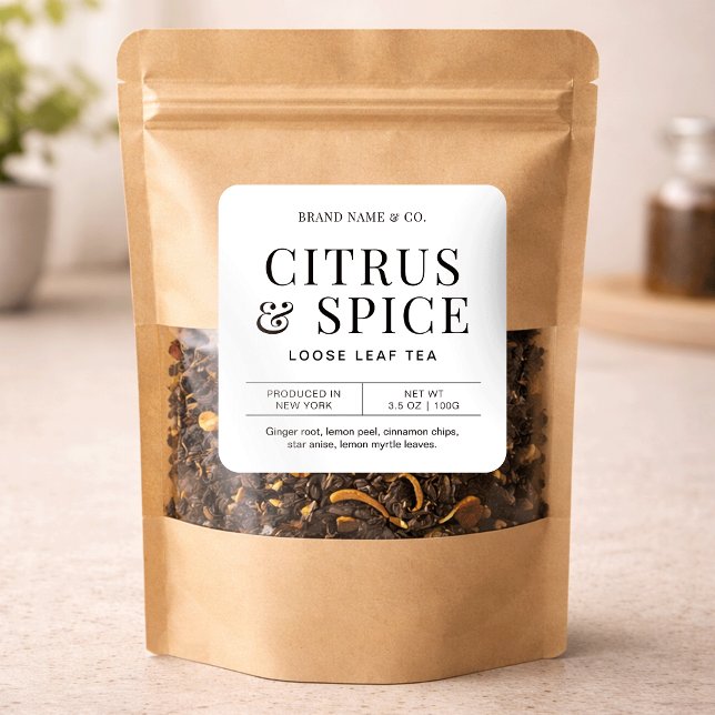 Adesivo Quadrado Herbal Tea Simple Minimalist Ingredients Label (Criador carregado)