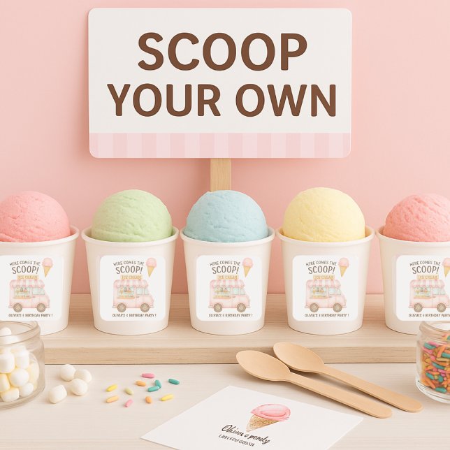 Adesivo Quadrado Here Comes the Scoop! | Pink Ice Cream Truck  (Criador carregado)