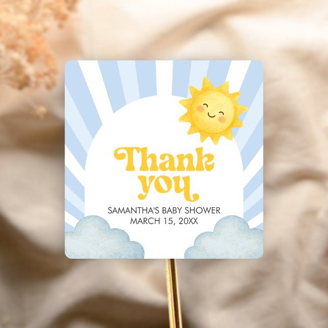 Adesivo Quadrado Here Comes the Son Baby Shower (Here Comes the Sun Baby Shower Sticker)