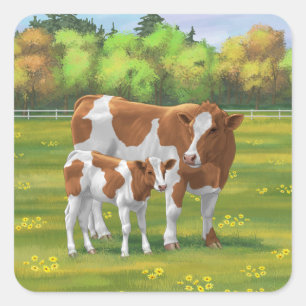Adesivo Quadrado Hereford Cow & Cute Calf em Pastura de Verão