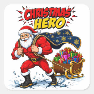 Adesivo Quadrado Herói de Natal Quadrinho Papai Noel