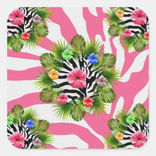 Adesivo Quadrado hibisco tropical e tiras de zebra rosa exótica
