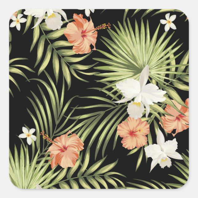Adesivo Quadrado Hibisco Tropical: Padrão Floral Vintage (Frente)