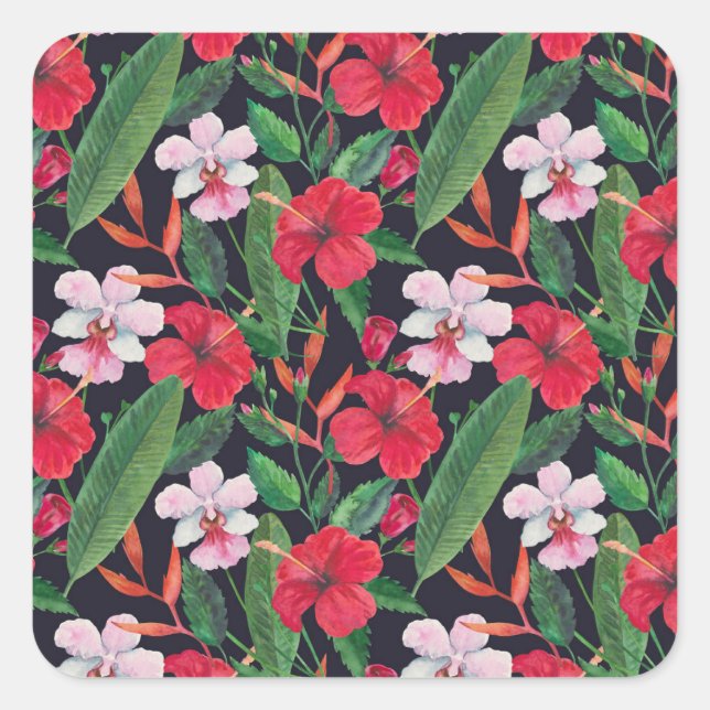 Adesivo Quadrado hibisco vermelho, orquídeas, aquarela tropical. (Frente)