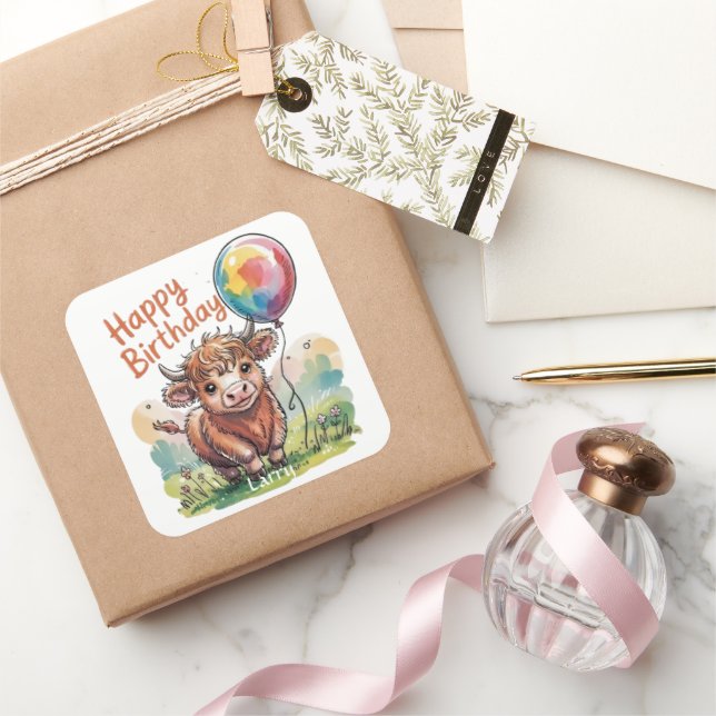 Adesivo Quadrado Highland Cow Birthday (Presentear)