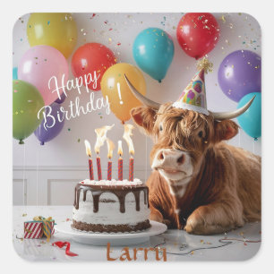 Adesivo Quadrado Highland Cow Birthday