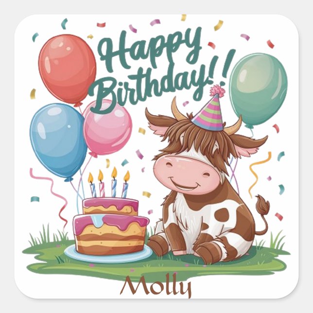 Adesivo Quadrado Highland Cow Happy Birday (Frente)