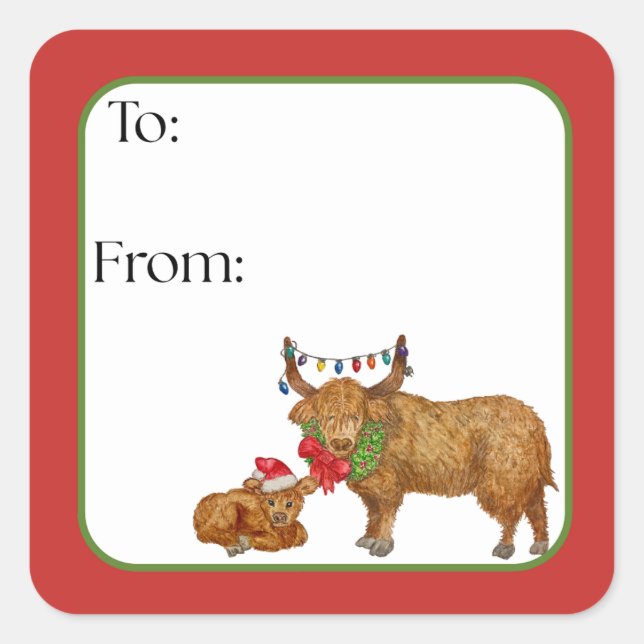 Adesivo Quadrado Highland Cow Holiday Sticker (Frente)