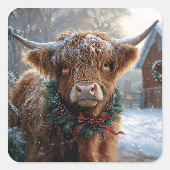 Adesivo Quadrado Highland Cow Rustic Barnyard Natal (Frente)