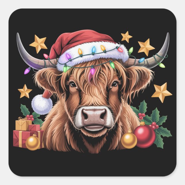 Adesivo Quadrado Highland Cow Xmas Heifers Fazenda Farmer Amante de (Frente)