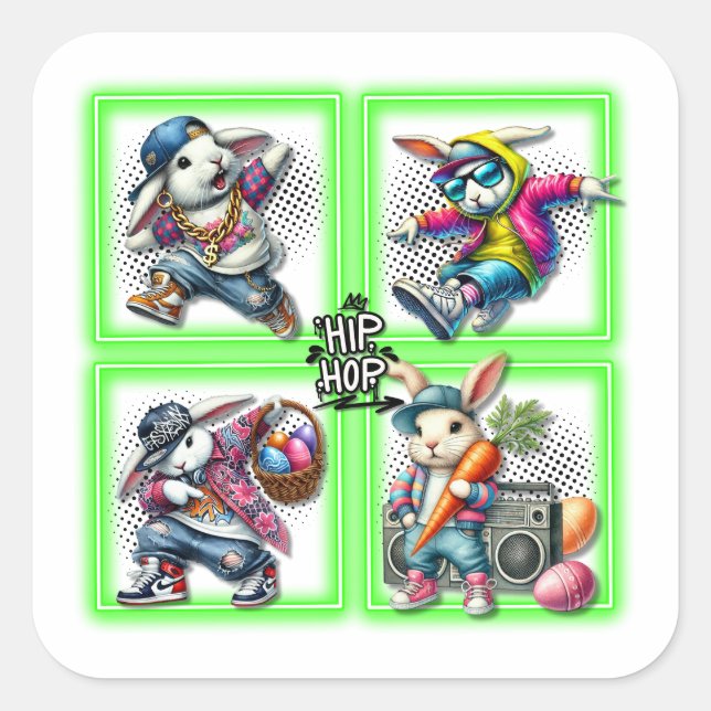 Adesivo Quadrado Hip Hop Easter Bunny Buddies, Música, Neon Green | (Frente)