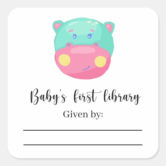 Adesivo Quadrado Hipopótamo - rótulo para presente de baby shower,  (Frente)