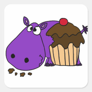 Adesivo Quadrado Hipopótamo roxo engraçado que come o cupcake