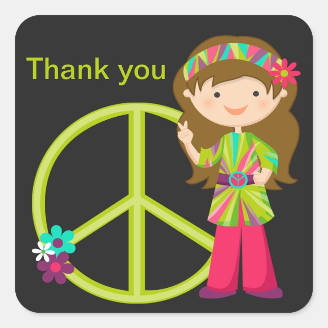 Adesivo Quadrado Hippie Girl with Peace Sign Girls Sticker (Frente)