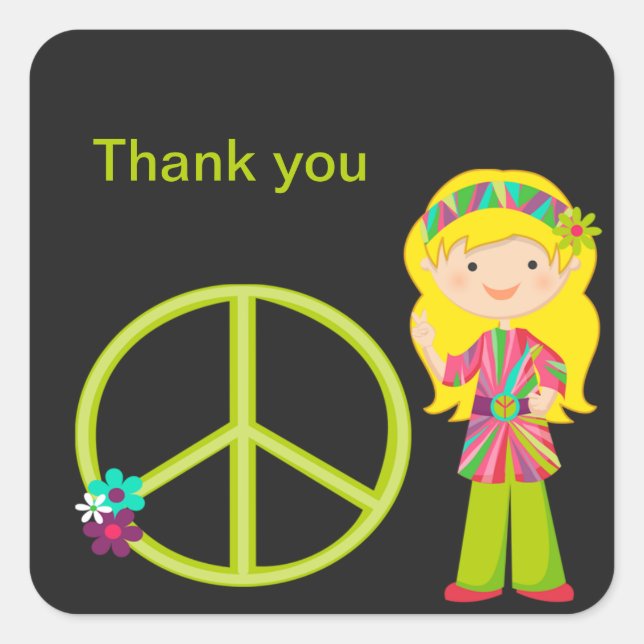 Adesivo Quadrado Hippie Girl with Peace Sign Girls Sticker (Frente)