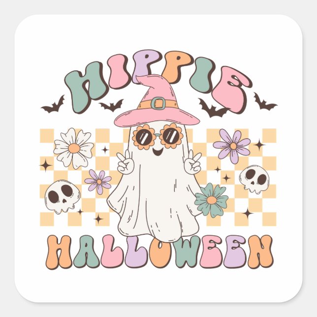 Adesivo Quadrado Hippie Halloween Groovy Retro (Frente)
