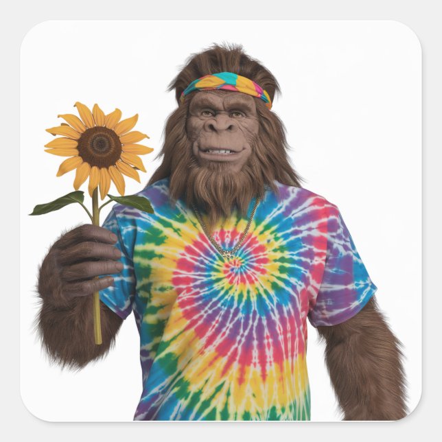 Adesivo Quadrado Hippie Sasquatch em Tiedye com girassol (Frente)