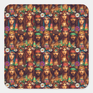 Adesivo Quadrado Hippie Tapeçaria Groovy Psychedelic Peace Era