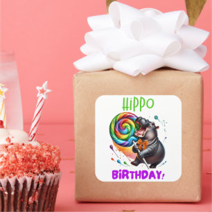 Adesivo Quadrado Hippo Birthday Cheerful, Colorida Nadadora