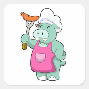 Adesivo Quadrado Hippo como cozinheiro com salsicha