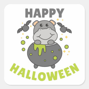 Adesivo Quadrado Hippo Happy Halloween Cauldron Bat Square Sticker