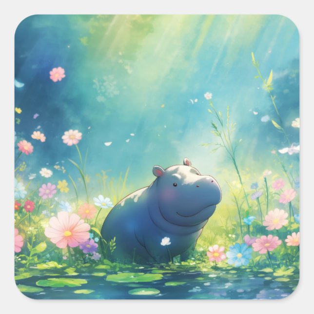 Adesivo Quadrado Hippo Magical Pond Meadow (Frente)