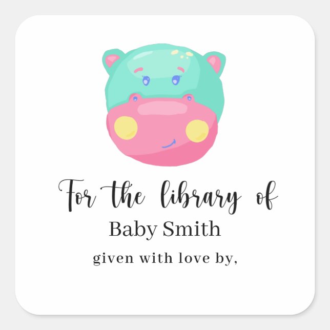Adesivo Quadrado Hippopotamus - Biblioteca de Chás de Bebê (Frente)