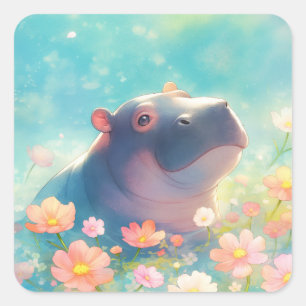 Adesivo Quadrado Hippopotamus no Floral Bloom