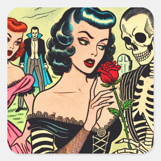 Adesivo Quadrado Histórias em quadrinhos de horror da bruxa-retrô (Frente)