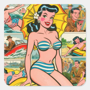 Adesivo Quadrado Histórias em quadrinhos de verão da Retro Bikini G