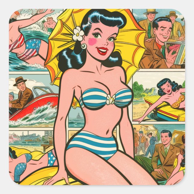 Adesivo Quadrado Histórias em quadrinhos de verão da Retro Bikini G (Frente)