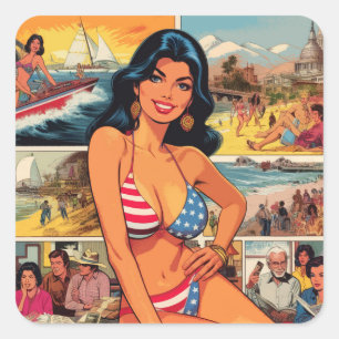 Adesivo Quadrado Histórias em quadrinhos Vintage Summer Girl
