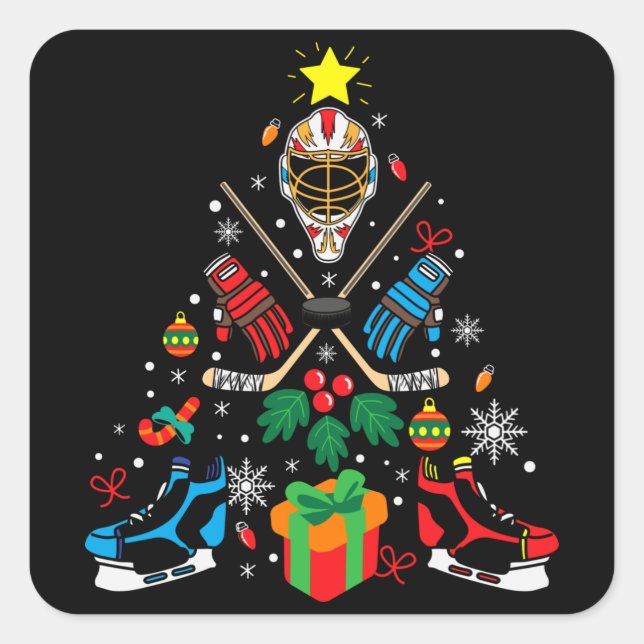 Adesivo Quadrado Hockey Christmas Tree Gift, Hockey Lovers Hobbies (Frente)